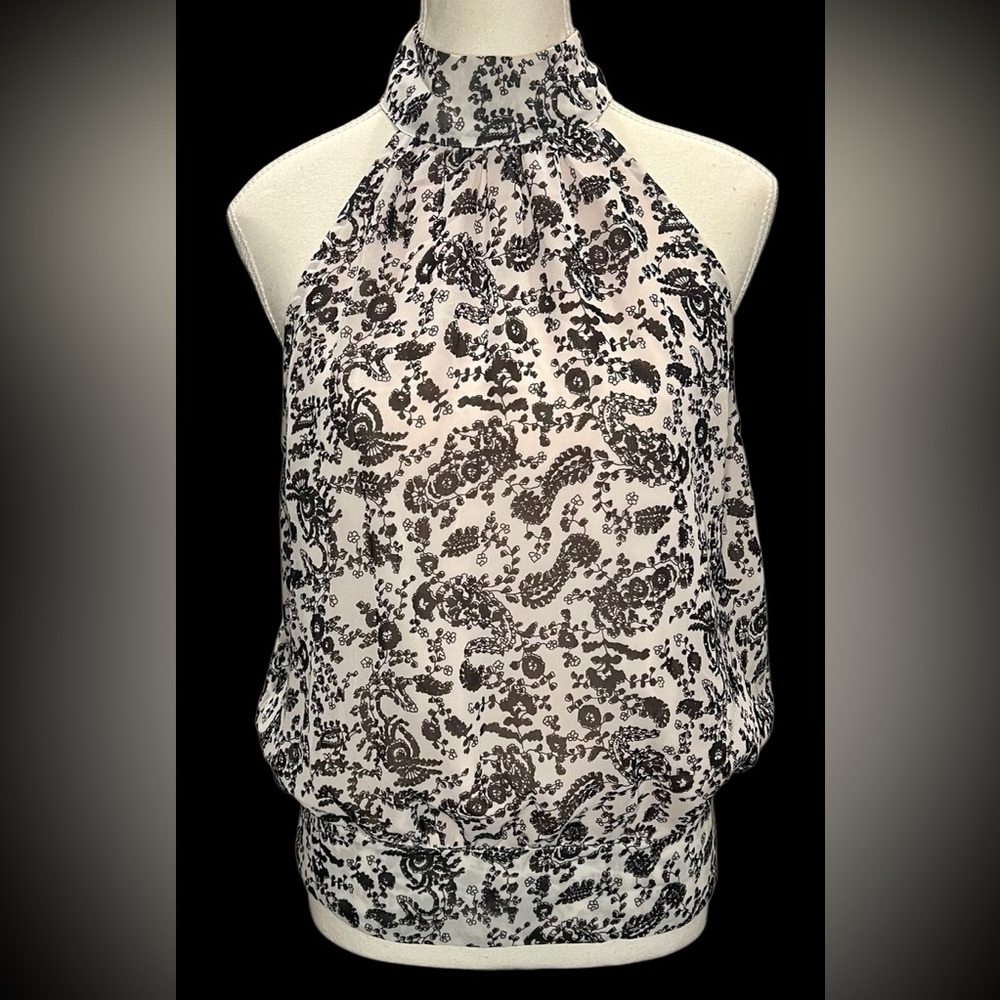 REBECCA MINKOFF Zuki High-Neck Blouson Tie-Back Top |BLACK & WHITE FLORAL Size L